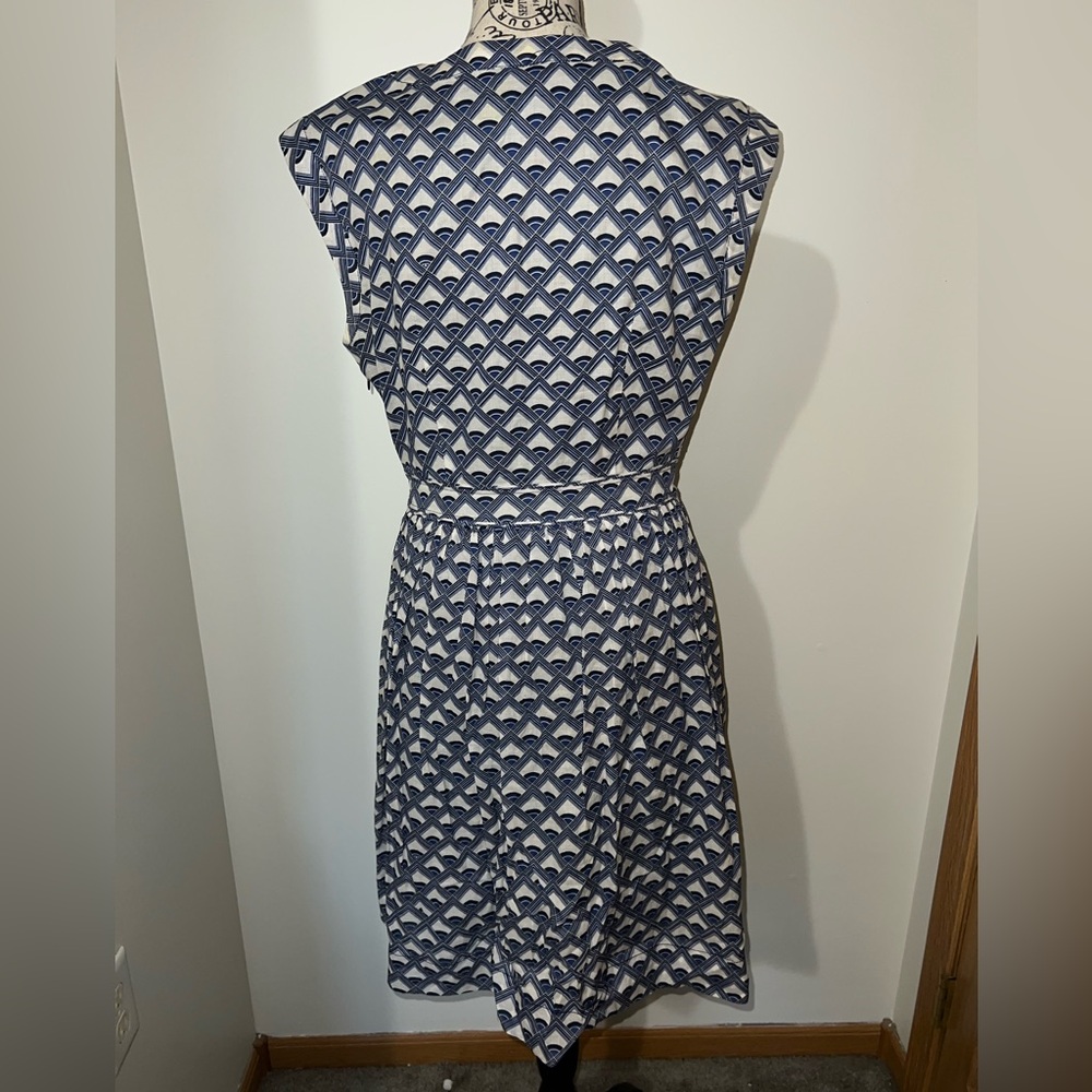 Tory Burch Blue White Geometric Print Sleeveless Pleated Dress Size 10 - Picture 6 of 13